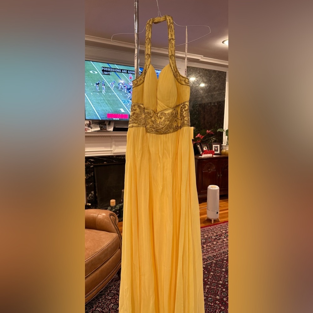 Yellow Beaded Silk Halter Dress Gown Maxi Floor Length OC by Oleg Cassini